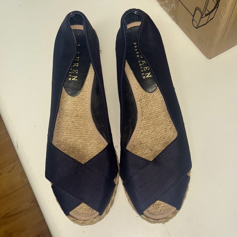 Lauren Ralph Lauren Cecilia Womens Sandal Sz 7.5M Espadrille Navy Blue Peep Toe